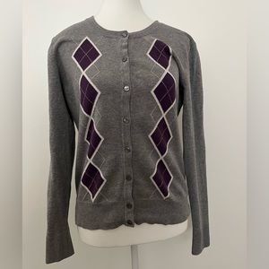 Merona Argyle Purple White Gray Button Down Sweater Size M